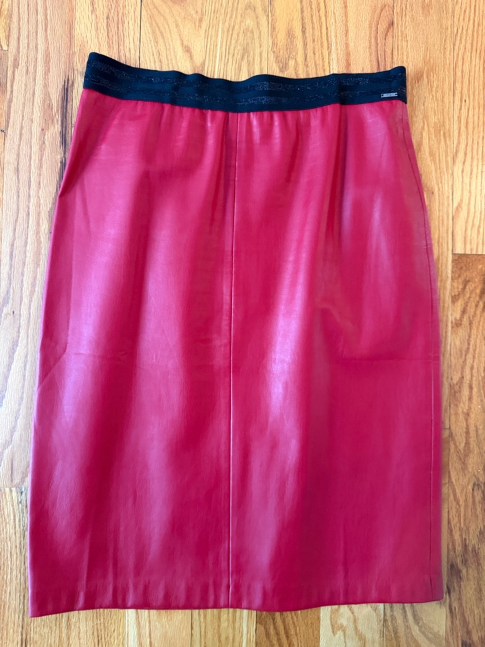 Women’s Red Faux Leather Skirt with Black Waistband